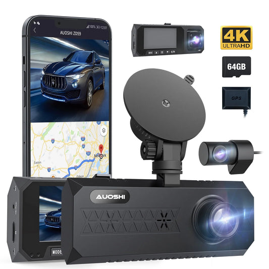 3 Channel Dash Cam Front and Rear, 4K/2.5K + 1080P Premium Car Camera for Cars with Wi-Fi GPS, Night Vision, 3.16" IPS Touchscreen, 24H Parking Mode, WDR, Type-C, 64GB SD Card Included