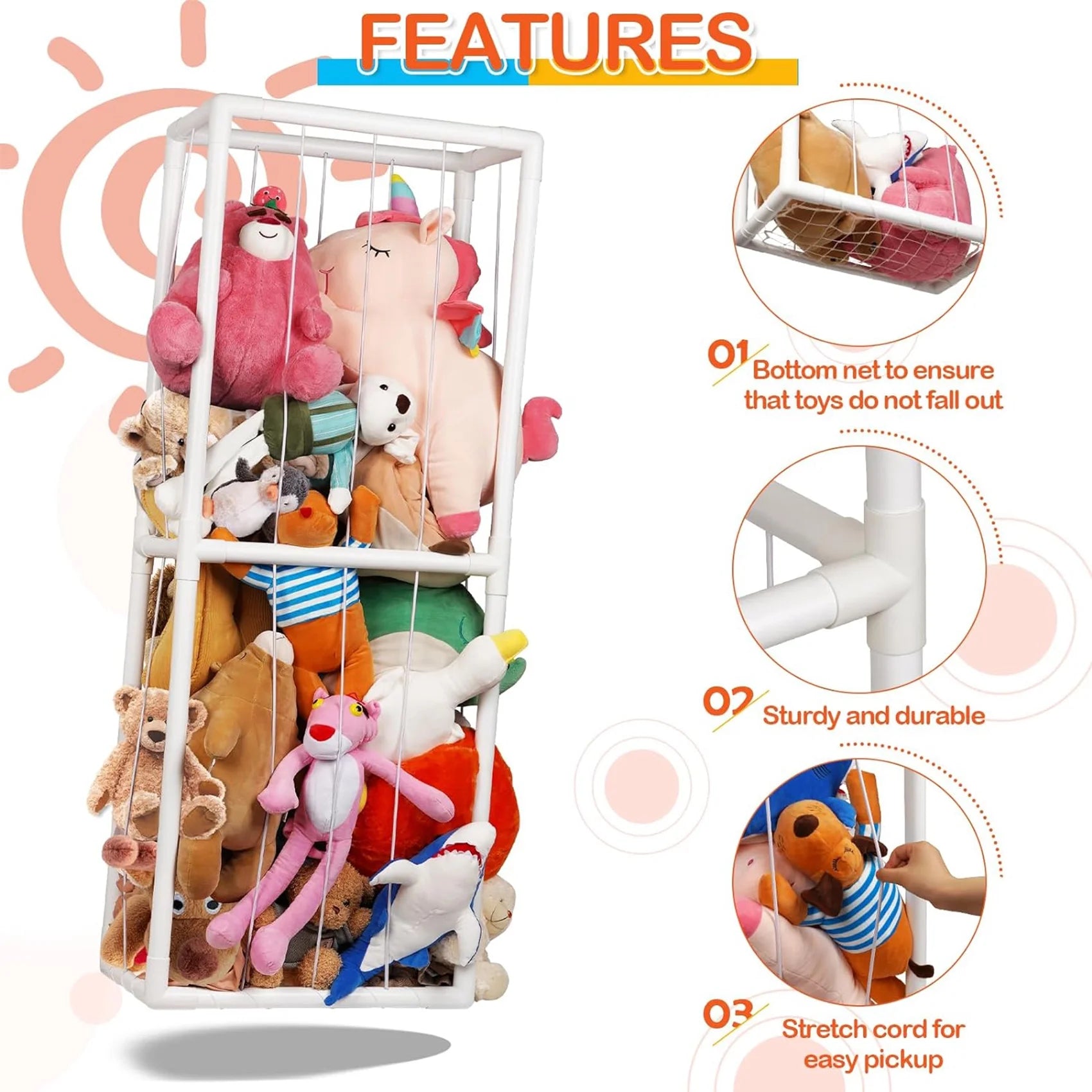 Stuffed Animal Storage Holder, Toy Organizer, PVC Plush Storage Organizer Shelf for Kids Play Room, White