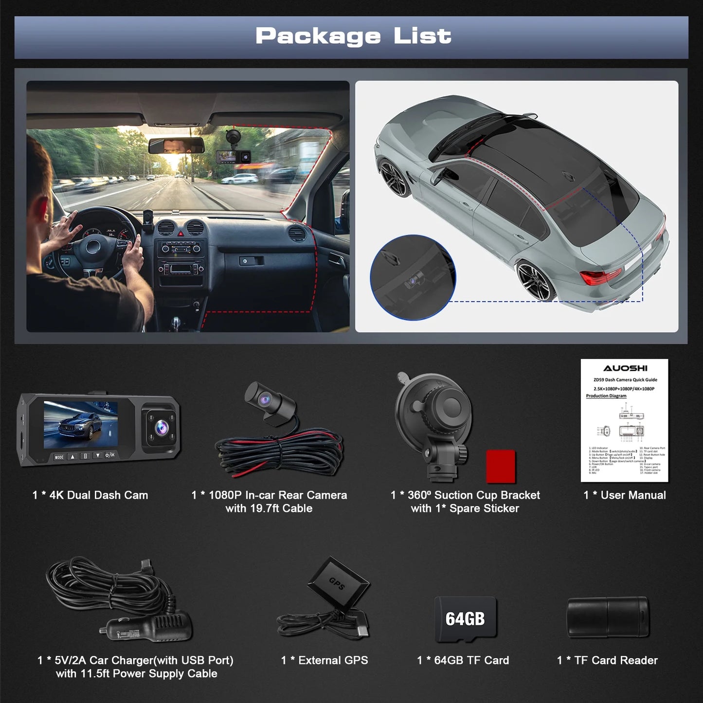 3 Channel Dash Cam Front and Rear, 4K/2.5K + 1080P Premium Car Camera for Cars with Wi-Fi GPS, Night Vision, 3.16" IPS Touchscreen, 24H Parking Mode, WDR, Type-C, 64GB SD Card Included