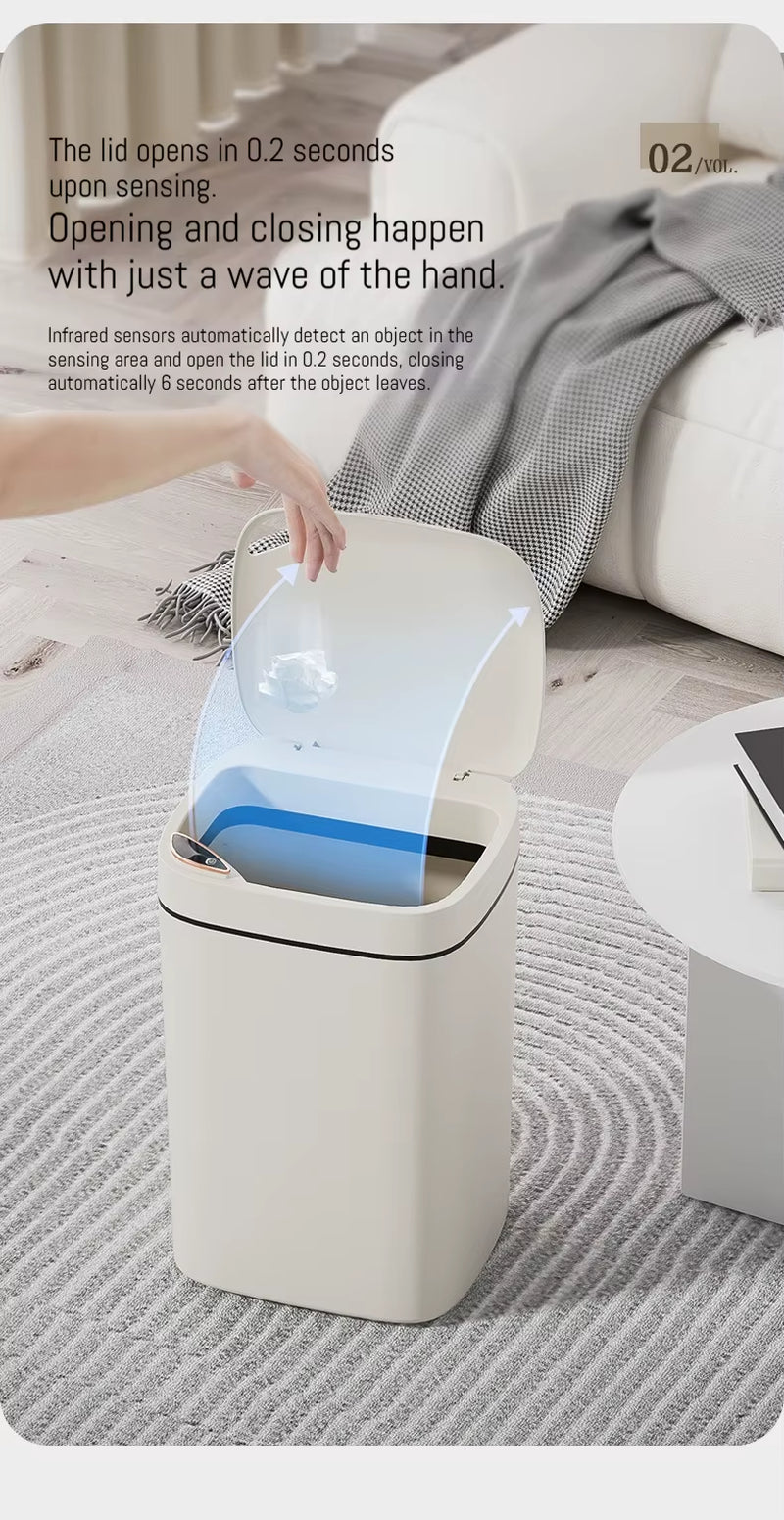 Smart Bathroom Trash Can- White Non-Contact Sensor & Automatic Bagging for Smart Homes 16L