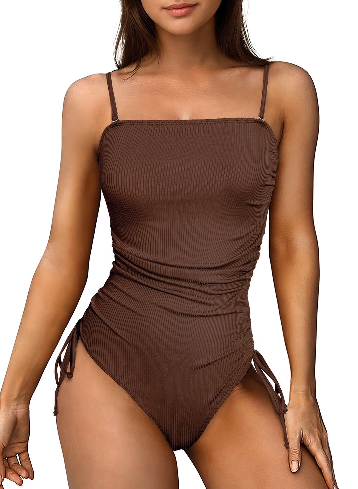 Womens Swimsuits One Piece Tummy Control Swim Suit Drawstring Bathing Suit Ribbed Tie Side Swimming Suits Ruched Square Neck Womens Swimwear Brown 2XL