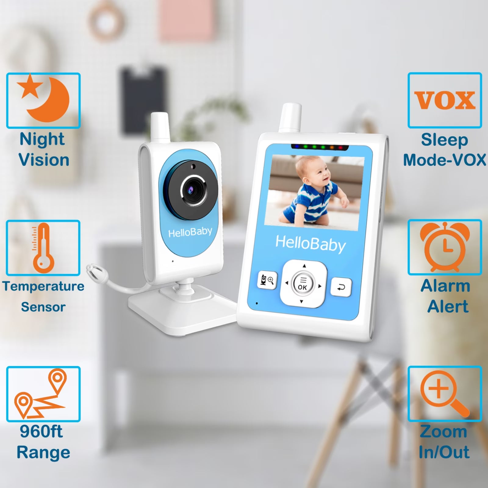 Baby Monitor- HB26 Video Baby Monitor with 2.4 Inch Screen, Night Vision, Temperature Sensor, VOX Mode, One-Way Talk